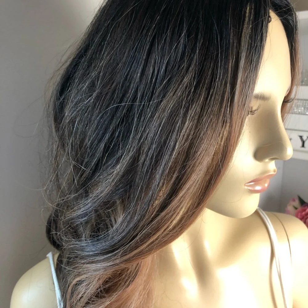 Honey Ash Brown & Dark Brown WAVY Middle Part Lace 24 Inches Synthetic Wig